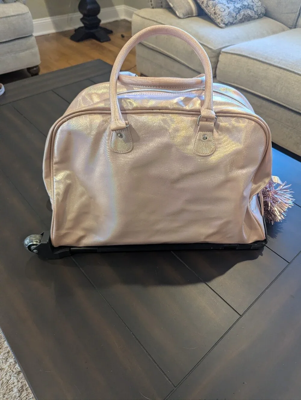 Justice Rose Gold Sequin Travel Bag with Pink Pom-Pom